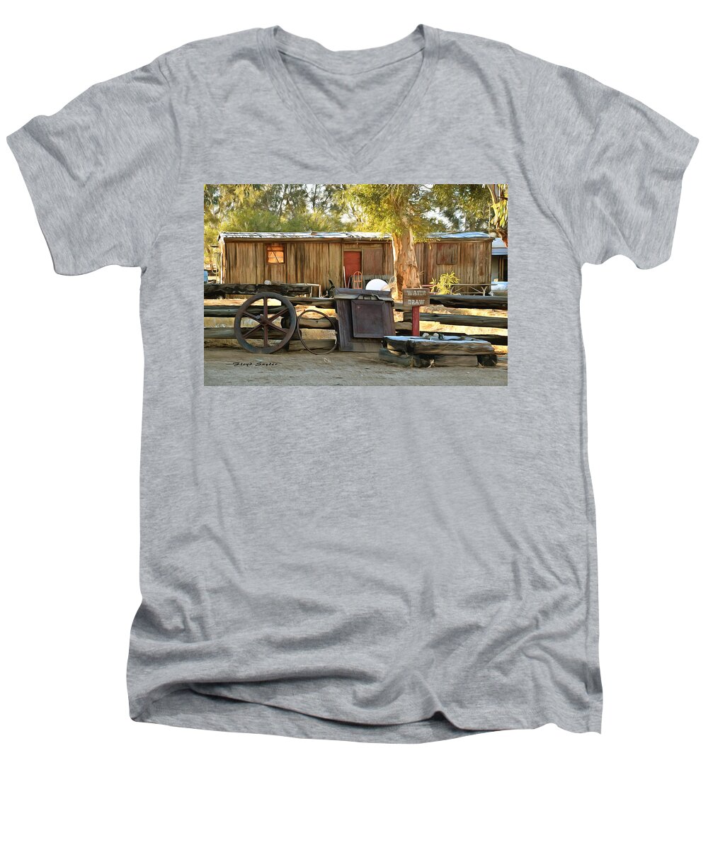 Wagon Wheel Men's V-Neck T-Shirt featuring the photograph Water Draw at Hotel Nipton California by Floyd Snyder by Floyd Snyder