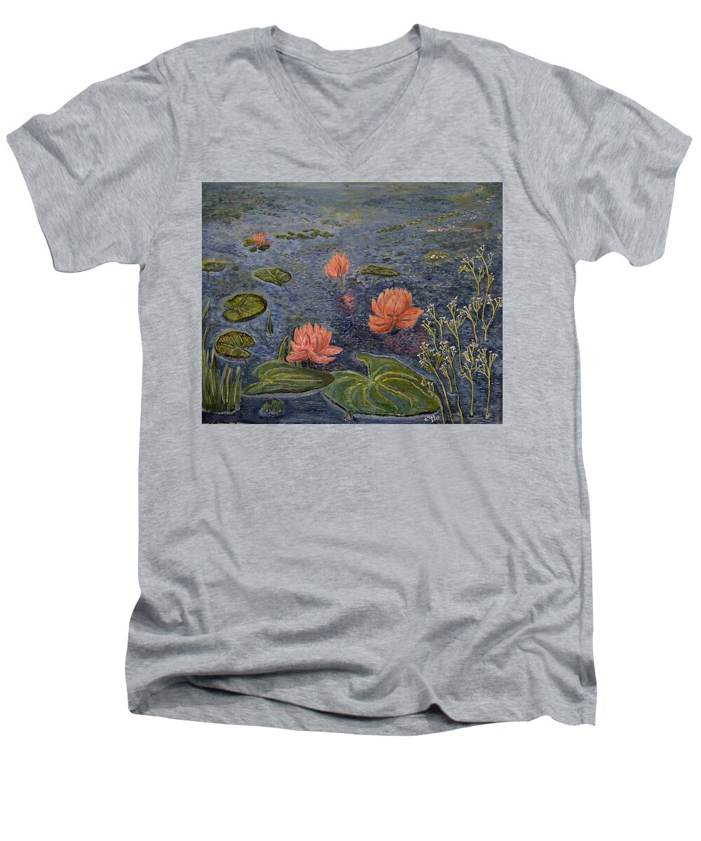 Nature Men's V-Neck T-Shirt featuring the painting Water Lilies lounge by Felicia Tica