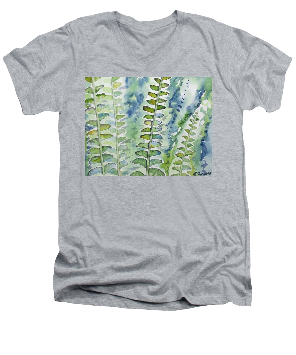 Fern Men's V-Neck T-Shirt featuring the painting Watercolor - Rainforest Fern Impressions by Cascade Colors