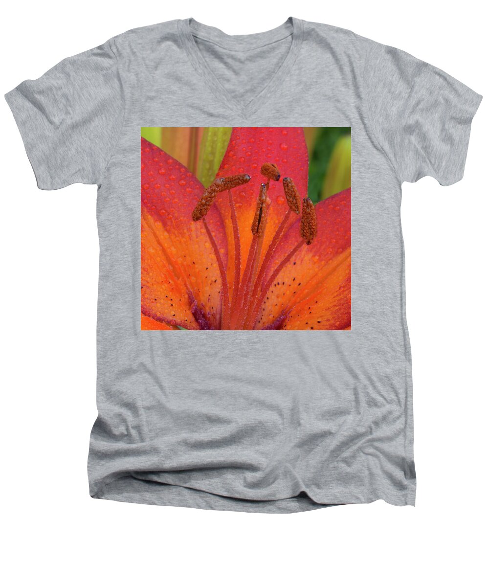 Jean Noren Men's V-Neck T-Shirt featuring the photograph Watered Lily by Jean Noren