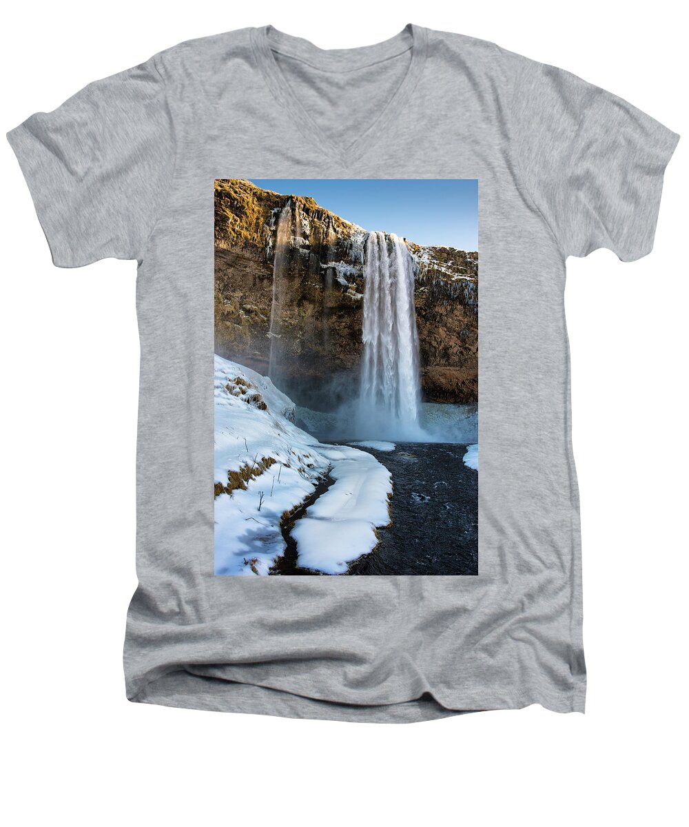 Seljalandsfoss Men's V-Neck T-Shirt featuring the photograph Waterfall Seljalandsfoss Iceland in winter by Matthias Hauser