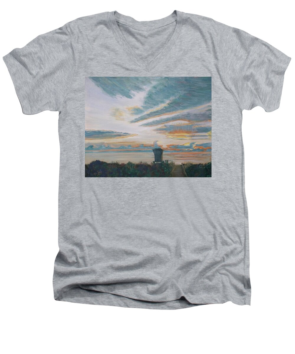 Sunrise Men's V-Neck T-Shirt featuring the painting Waveland Sunrise by Mike Jenkins