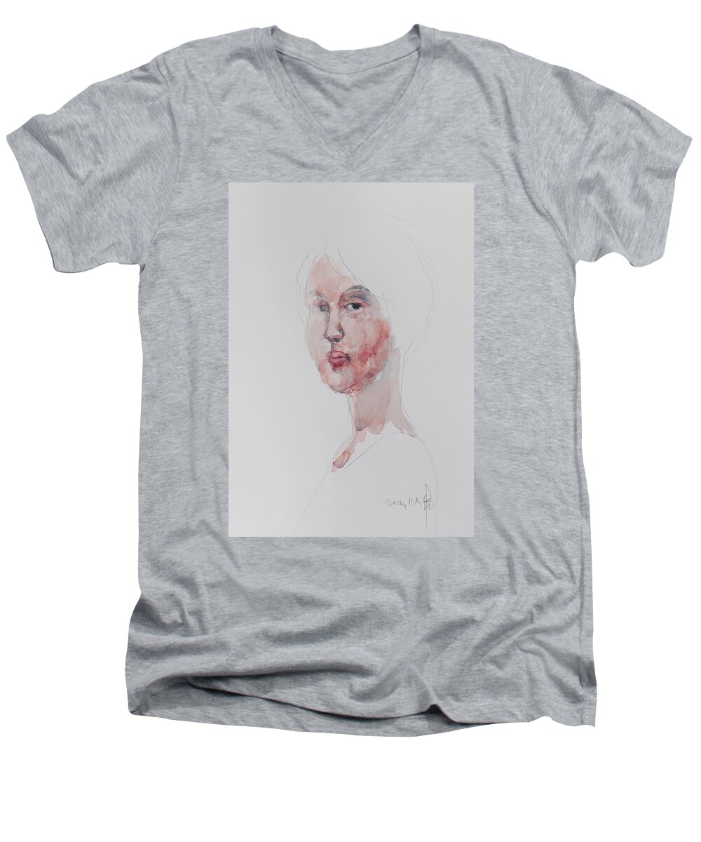 Watercolor Men's V-Neck T-Shirt featuring the painting WC Mini Portrait 1       by Becky Kim