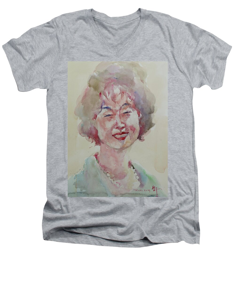 Watercolor Men's V-Neck T-Shirt featuring the painting WC Portrait 1627 My Sister Hyunju by Becky Kim