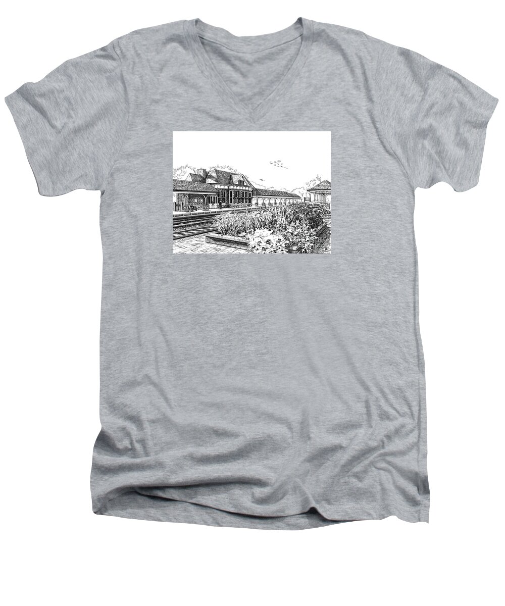 Train Men's V-Neck T-Shirt featuring the drawing Western Springs Train Station by Mary Palmer