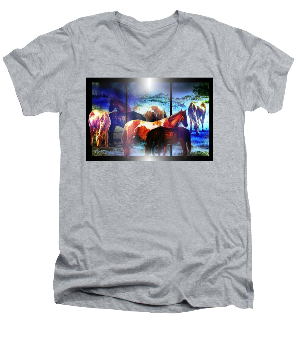 Horses Men's V-Neck T-Shirt featuring the mixed media What Horses Dream by Hartmut Jager