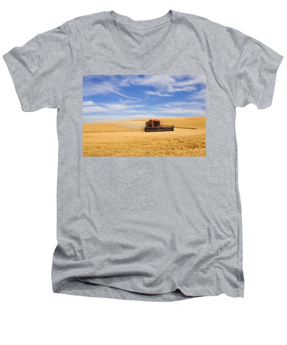 Combine Men's V-Neck T-Shirt featuring the photograph Wheat Harvest by Michael Dawson