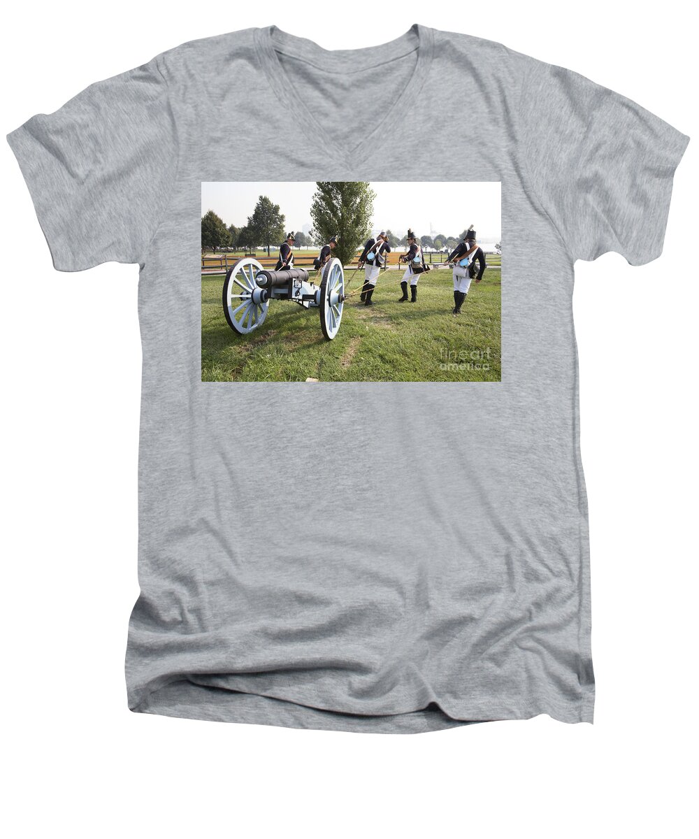 Baltimore Men's V-Neck T-Shirt featuring the photograph Wheeling the Cannon at Fort McHenry in Baltimore Maryland by William Kuta