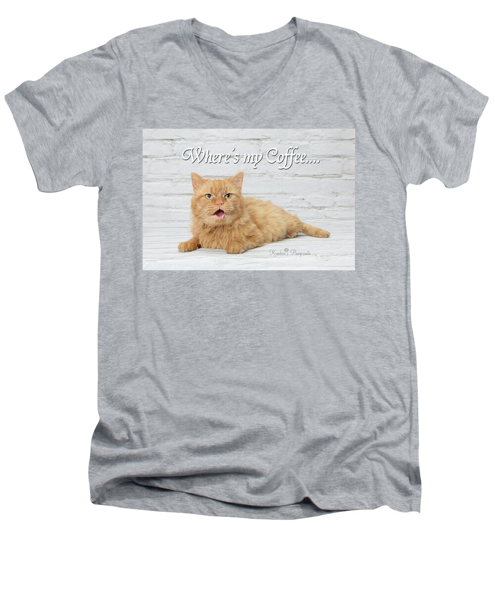 Orange Tabby Cat Men's V-Neck T-Shirt featuring the photograph Where's my Coffee? by Kimber Butler