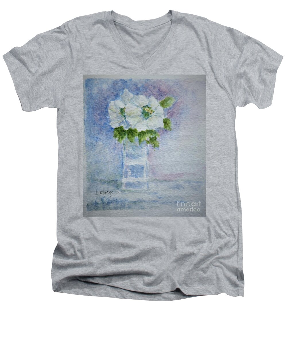 White Men's V-Neck T-Shirt featuring the painting White Blooms in Blue Vase by Laurie Morgan