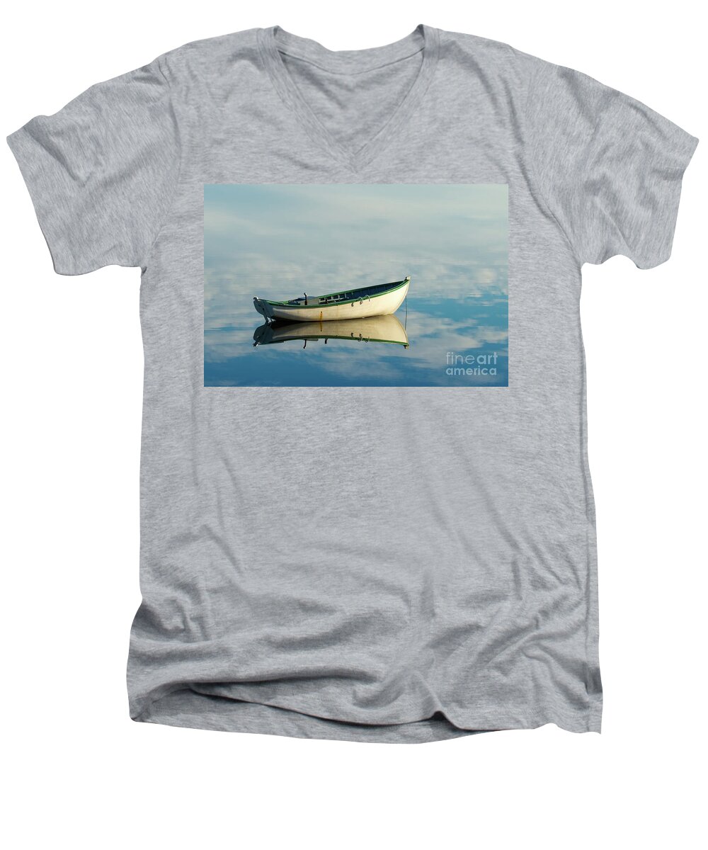 White Men's V-Neck T-Shirt featuring the photograph White boat reflected by Les Palenik