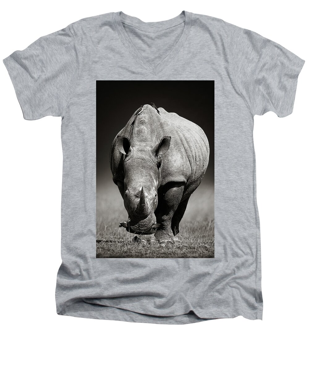 Rhinoceros Men's V-Neck T-Shirt featuring the photograph White Rhinoceros in due-tone by Johan Swanepoel