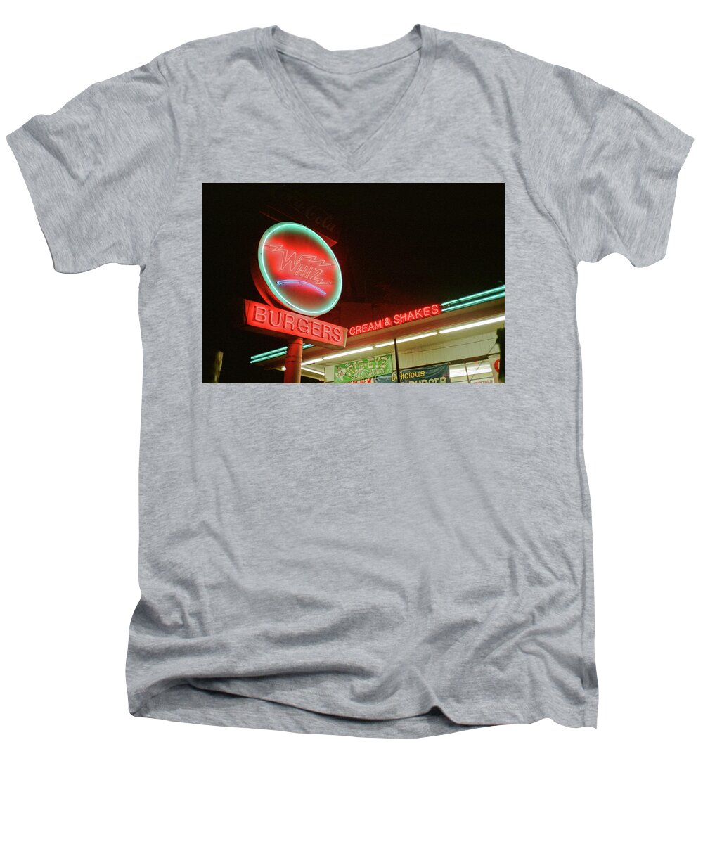 Color Men's V-Neck T-Shirt featuring the photograph Whiz Burgers Neon, San Francisco by Frank DiMarco