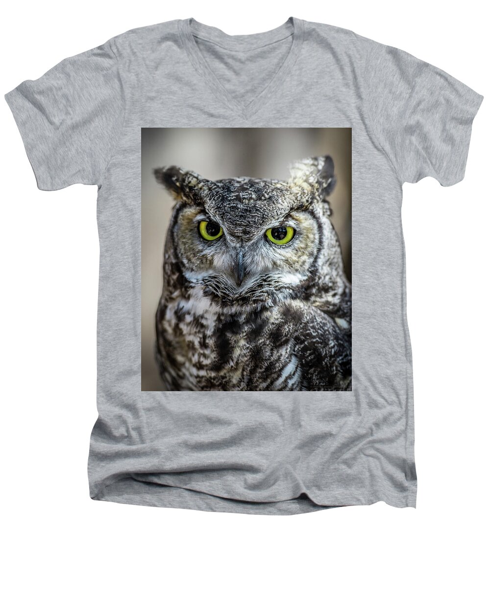 Great Horned Owl Men's V-Neck T-Shirt featuring the photograph Who by Phil Abrams