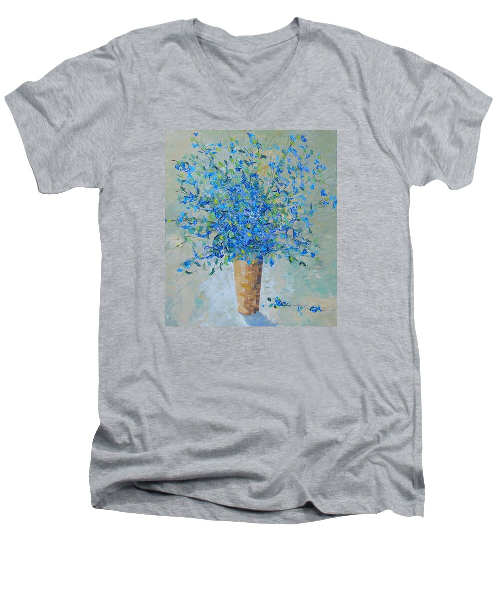 Floral Men's V-Neck T-Shirt featuring the painting Wild blue floral by Frederic Payet