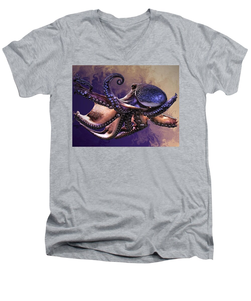 Digital Art Men's V-Neck T-Shirt featuring the digital art Wild Octopus by Artful Oasis
