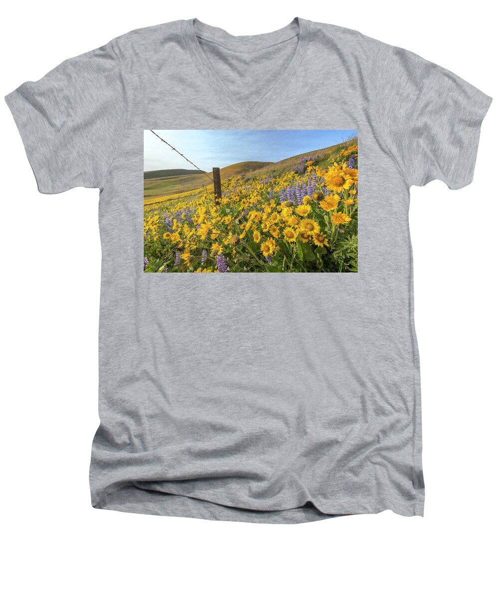 Landscape Men's V-Neck T-Shirt featuring the photograph Wildflower Bonanza by Jon Ares