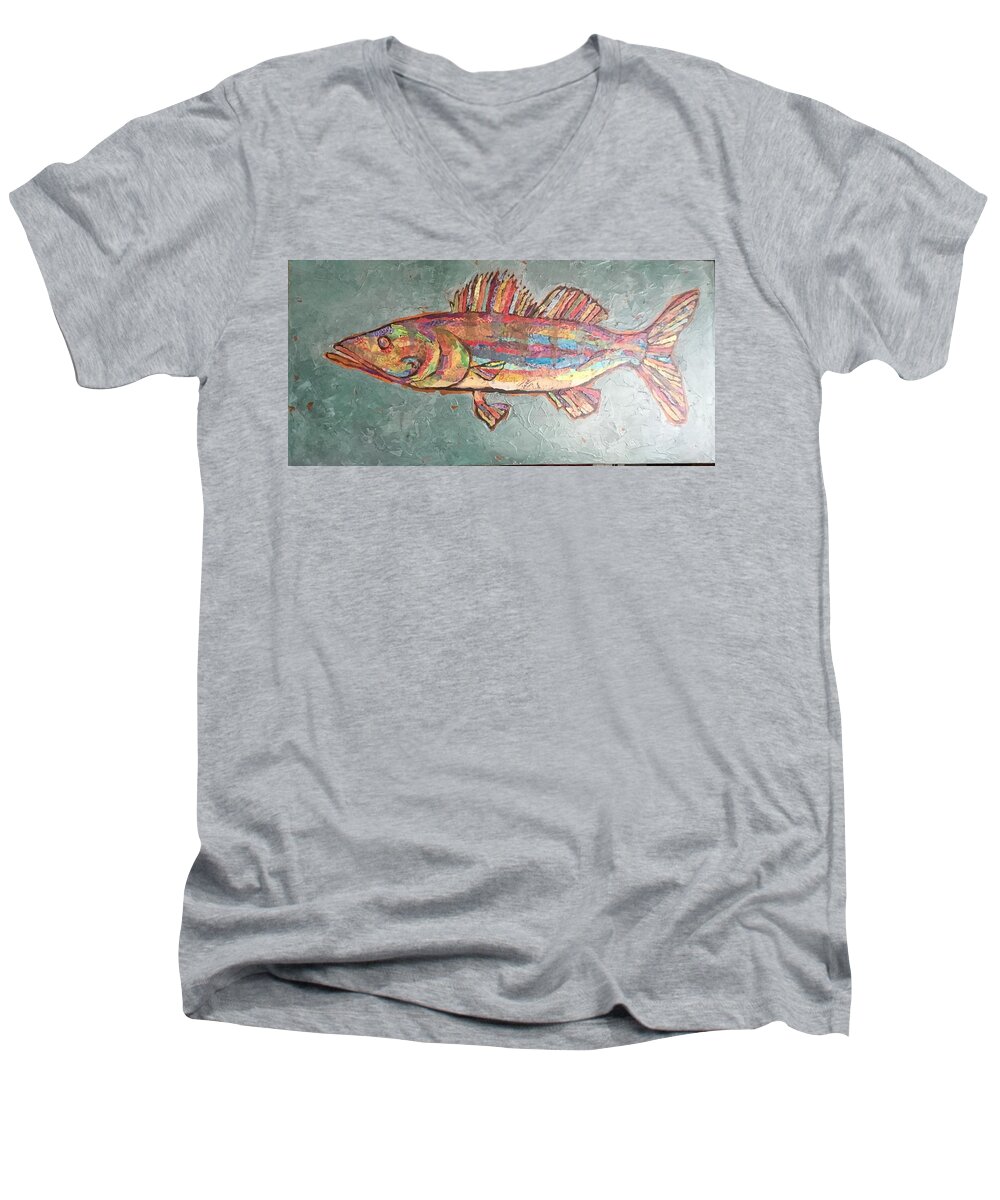 Fish Men's V-Neck T-Shirt featuring the painting Willie the Walleye by Phiddy Webb