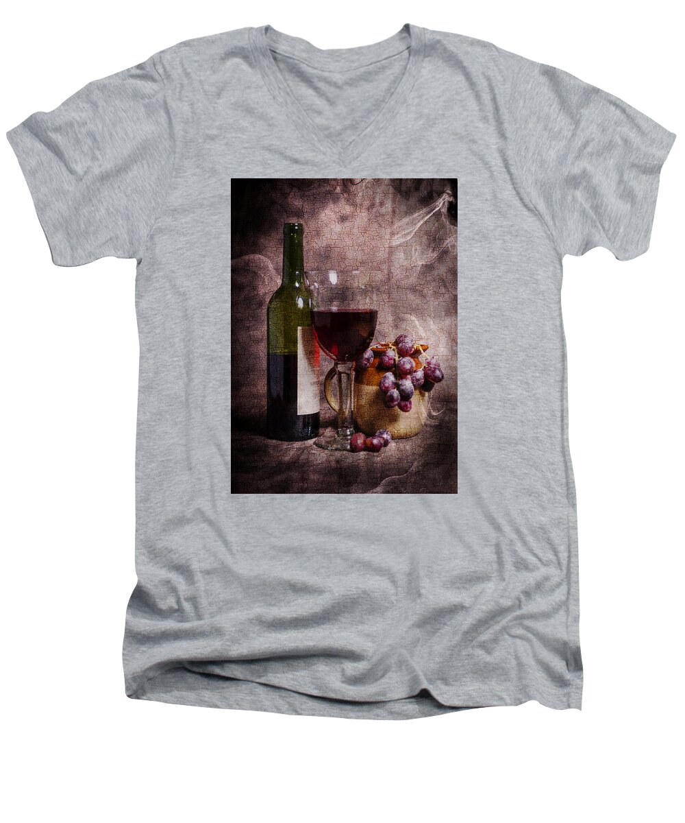 Wine Men's V-Neck T-Shirt featuring the photograph Wine Bottle Glass Grapes And Jug Portrait Format With A Cracked by John Paul Cullen