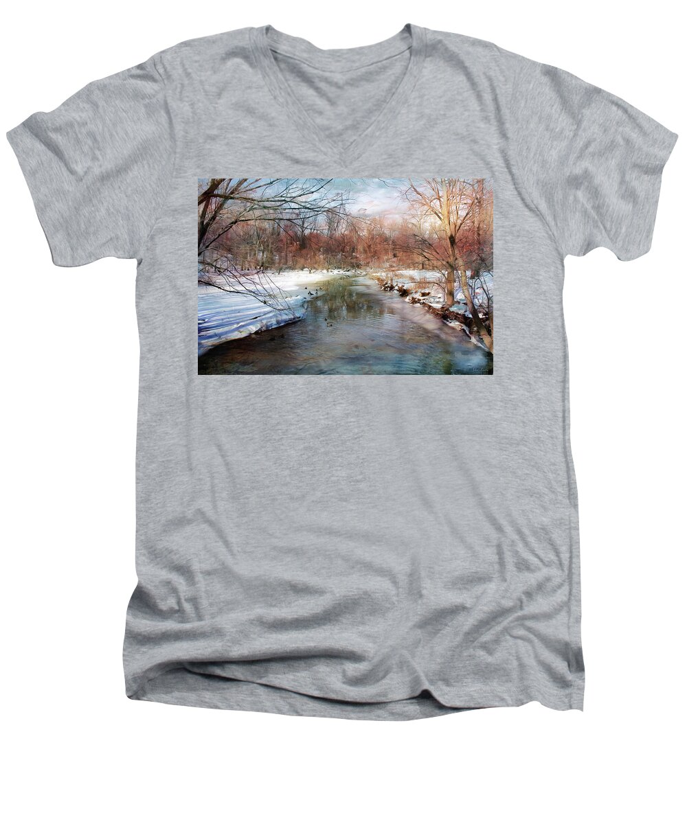 River Men's V-Neck T-Shirt featuring the photograph Winter at Cooper River by John Rivera