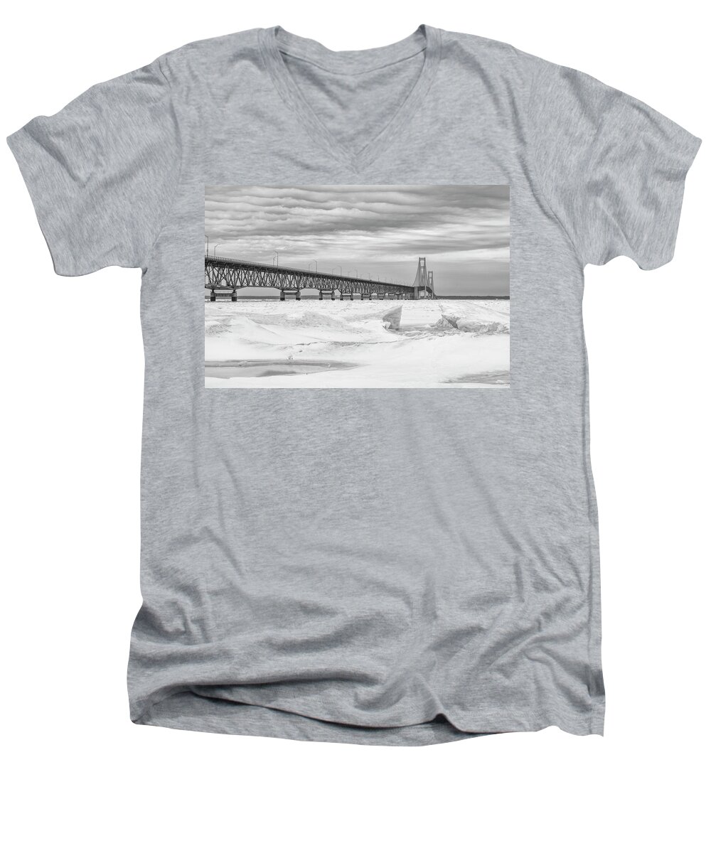John Mcgraw Men's V-Neck T-Shirt featuring the photograph Winter at Mackinac Bridge by John McGraw