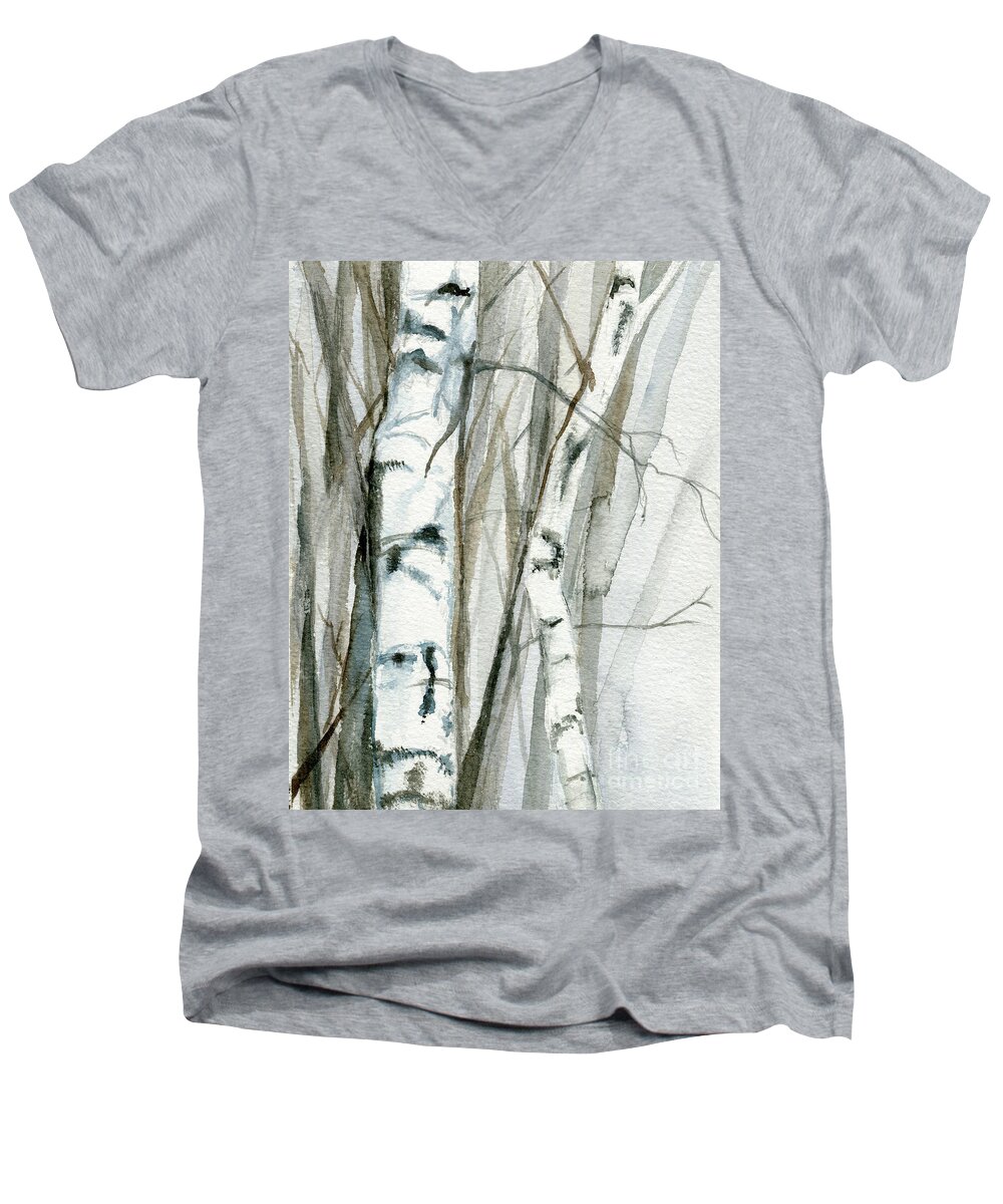 Trees Men's V-Neck T-Shirt featuring the painting Winter Birch by Laurie Rohner