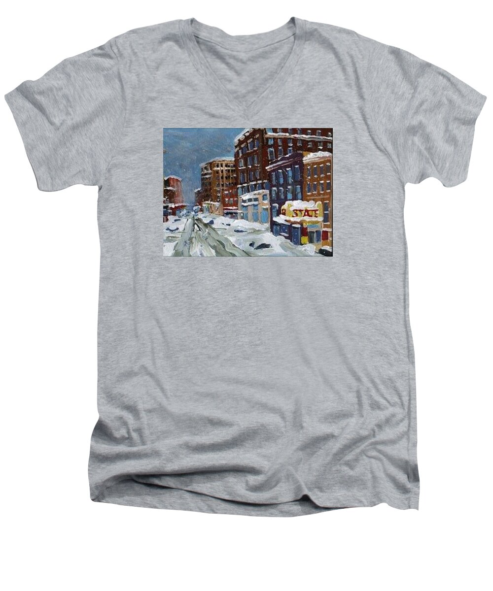 Downtown Men's V-Neck T-Shirt featuring the painting Winter Downtown by Rodger Ellingson