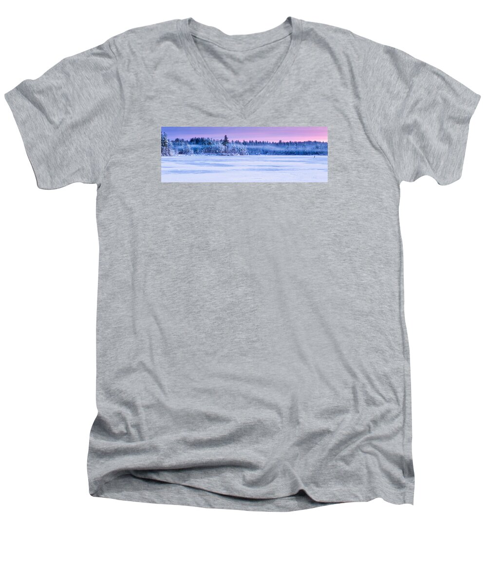 Baxter Lake Men's V-Neck T-Shirt featuring the photograph Winter Mist Baxter Lake New Hampshire by Jeff Sinon