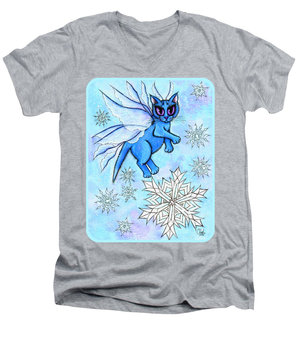 Winter Men's V-Neck T-Shirt featuring the painting Winter Snowflake Fairy Cat by Carrie Hawks