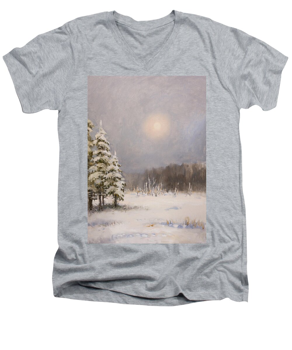 Winter Men's V-Neck T-Shirt featuring the painting Winter Stillness by Valentina Kondrashova