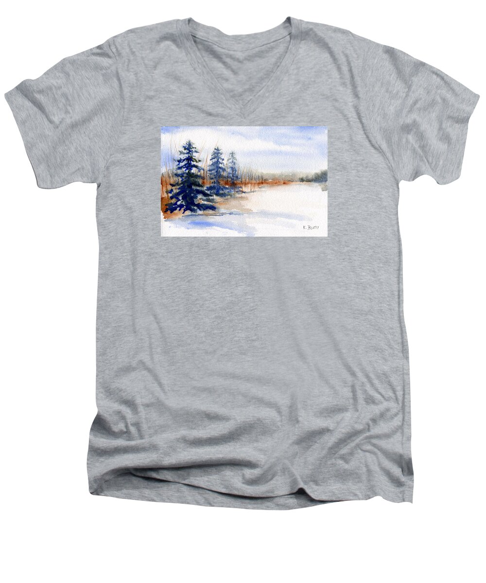 Winter Men's V-Neck T-Shirt featuring the painting Winter Storm Watercolor Landscape by Karla Beatty