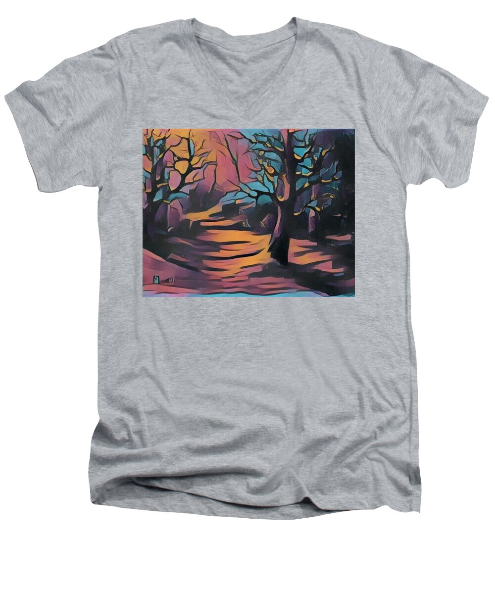 Landscapes Men's V-Neck T-Shirt featuring the painting Winter Sunset digital by Megan Walsh