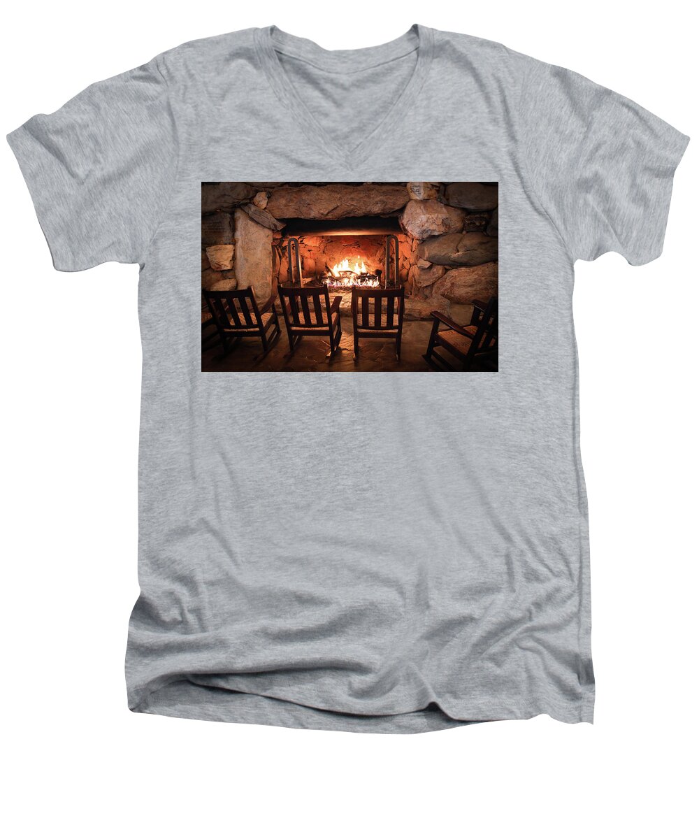 Grove Park Inn Men's V-Neck T-Shirt featuring the photograph Winter Warmth by Karen Wiles