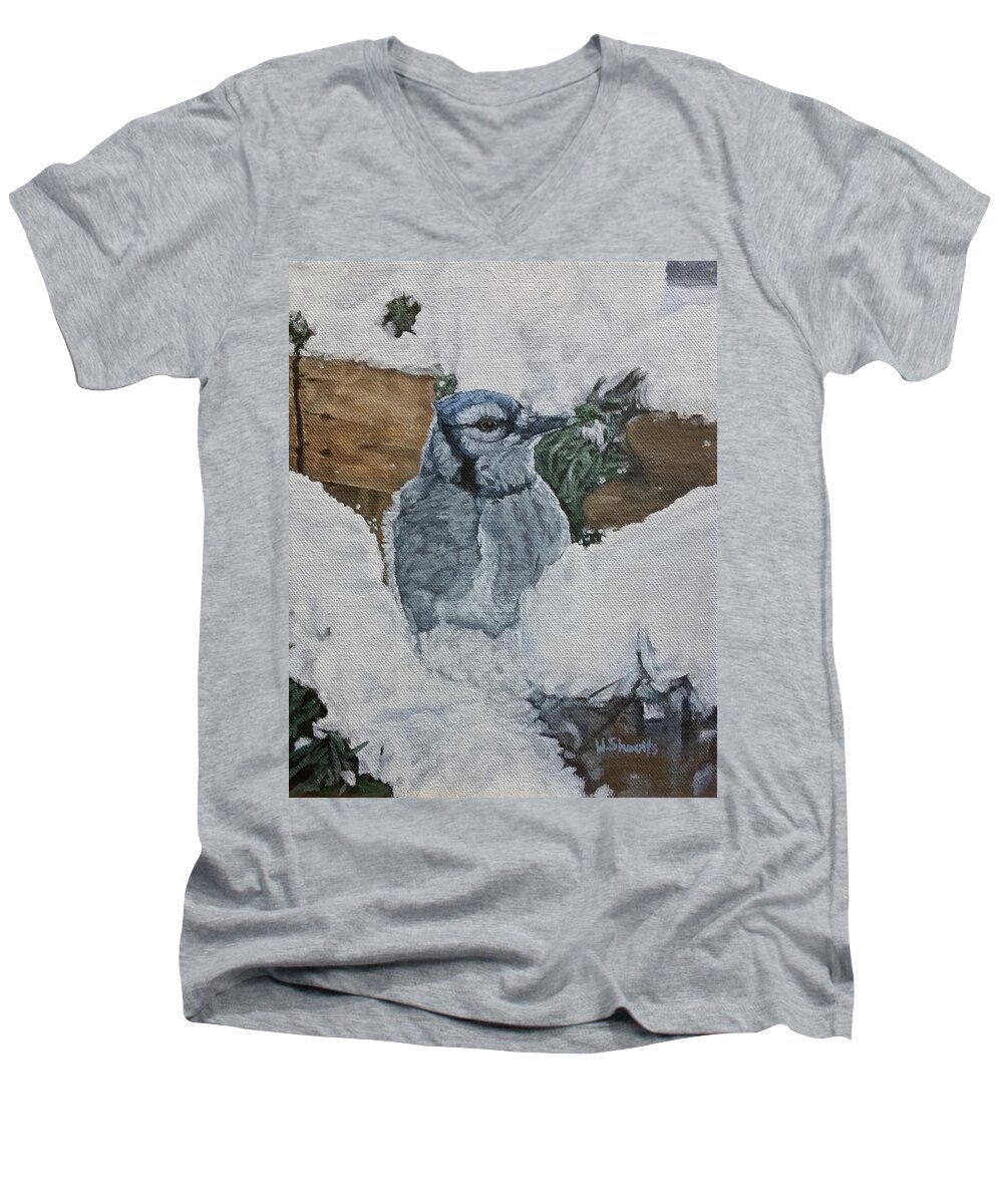 Blue Jay Men's V-Neck T-Shirt featuring the painting Winters Greeting by Wendy Shoults