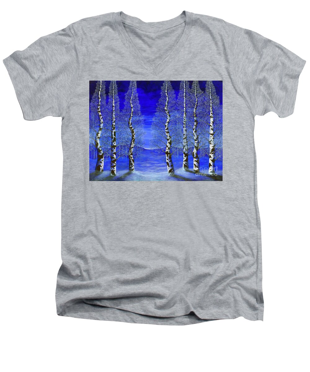 Rebecca Men's V-Neck T-Shirt featuring the painting Winters Raven Aspen by Rebecca Parker
