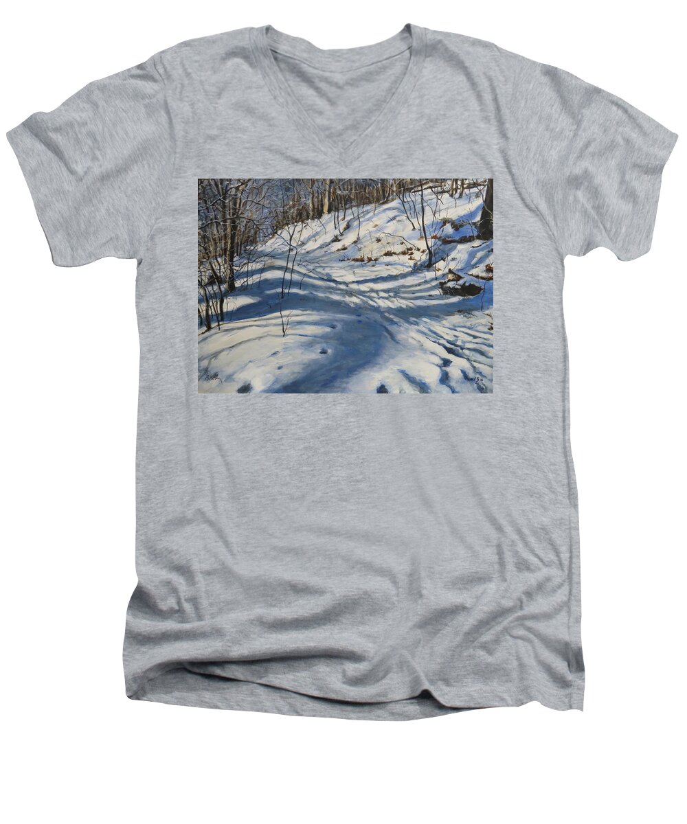 Winter Men's V-Neck T-Shirt featuring the painting Winter's Shadows by William Brody