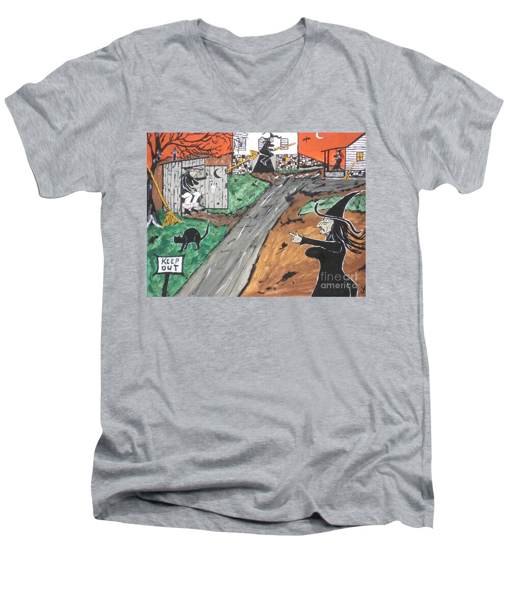  Halloween Men's V-Neck T-Shirt featuring the painting Witches Outhouse by Jeffrey Koss