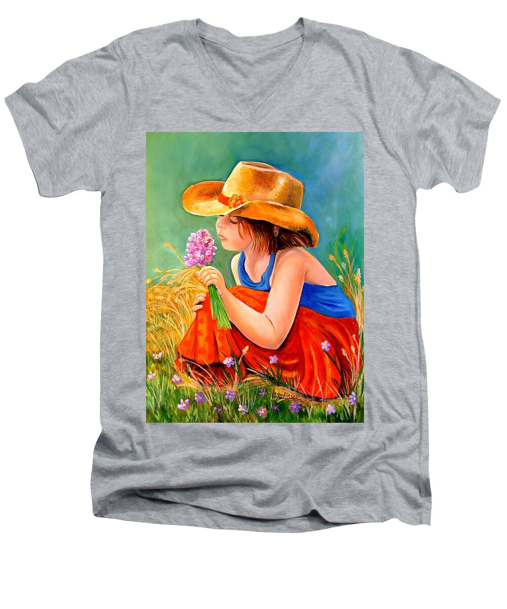 Child Men's V-Neck T-Shirt featuring the painting With These Hands--Wonder by Carol Allen Anfinsen
