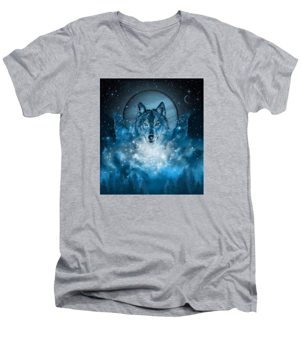 Wolf Men's V-Neck T-Shirt featuring the painting Wolf In Blue by Bekim M