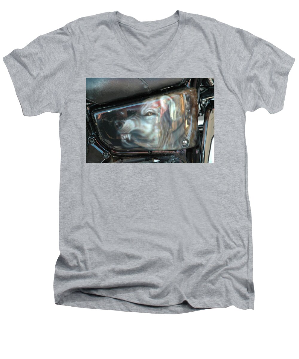  Men's V-Neck T-Shirt featuring the painting Wolf Motorcycle Side Panel by Wayne Pruse
