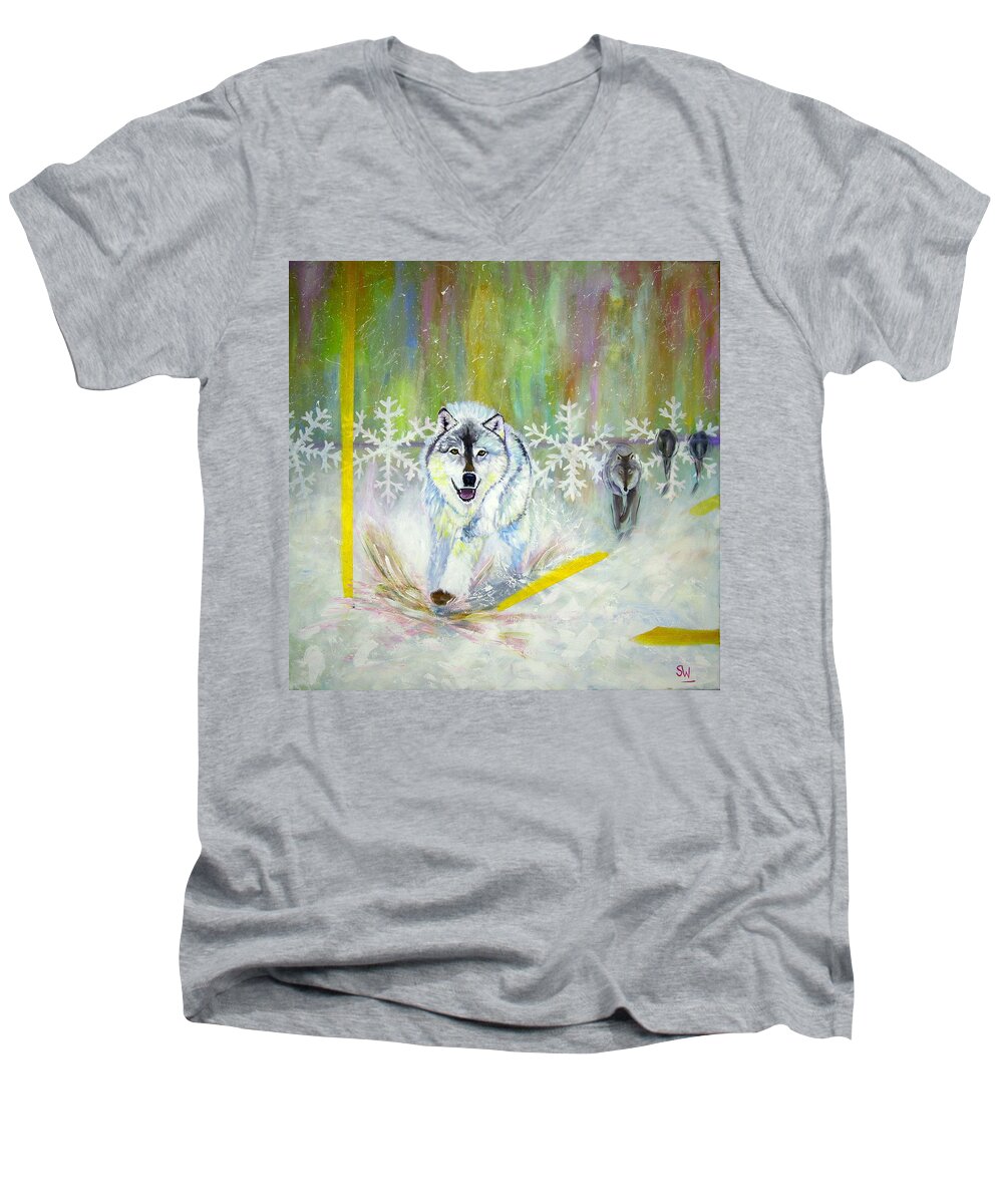 Art Men's V-Neck T-Shirt featuring the painting Wolves approach by Shirley Wellstead