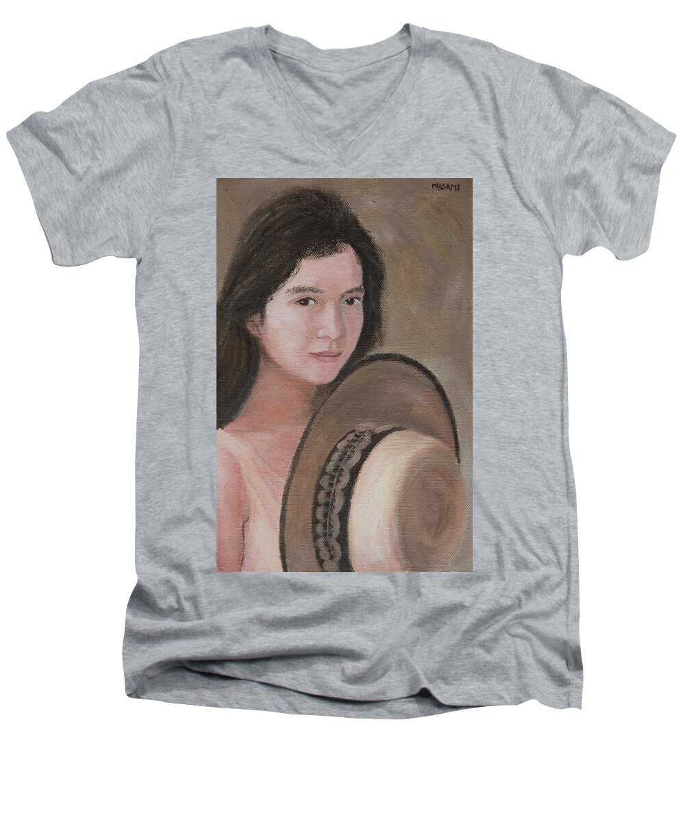 Portrait Men's V-Neck T-Shirt featuring the painting Woman With Hat by Masami Iida