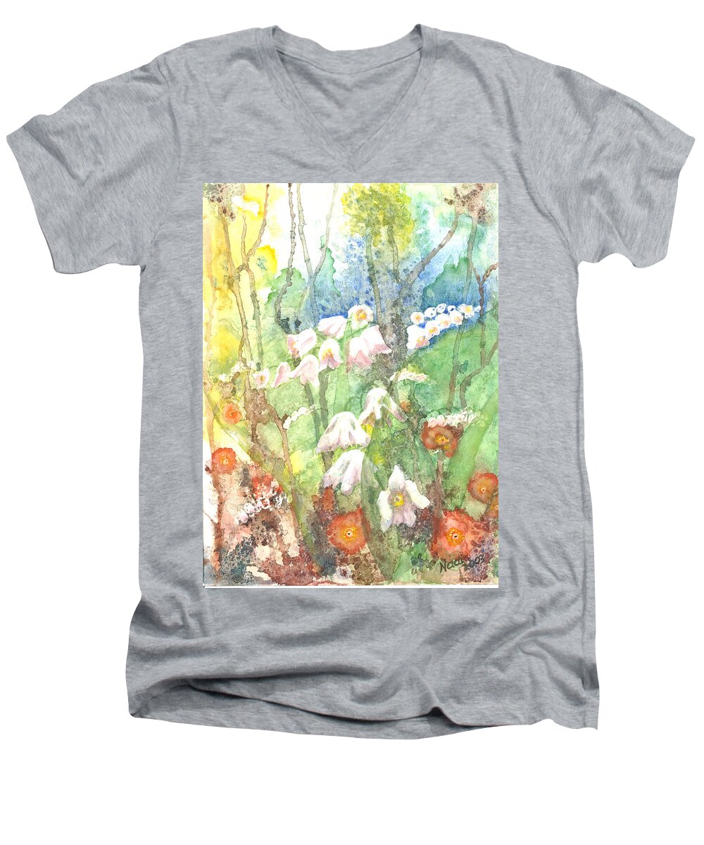 Watercolor Men's V-Neck T-Shirt featuring the painting Woodland Garden by Renate Wesley