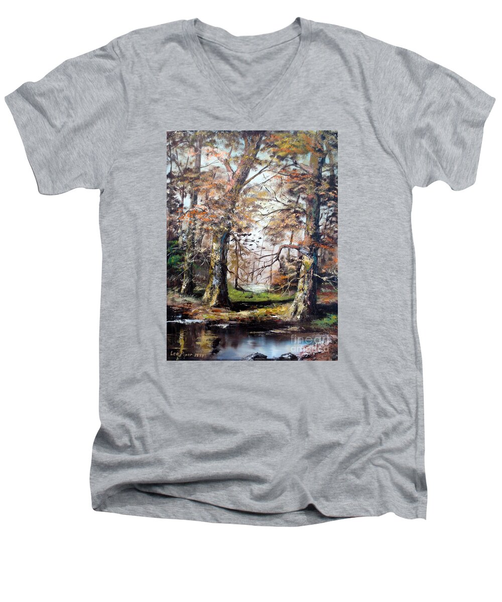 Woods Men's V-Neck T-Shirt featuring the painting Woodland Pond by Lee Piper