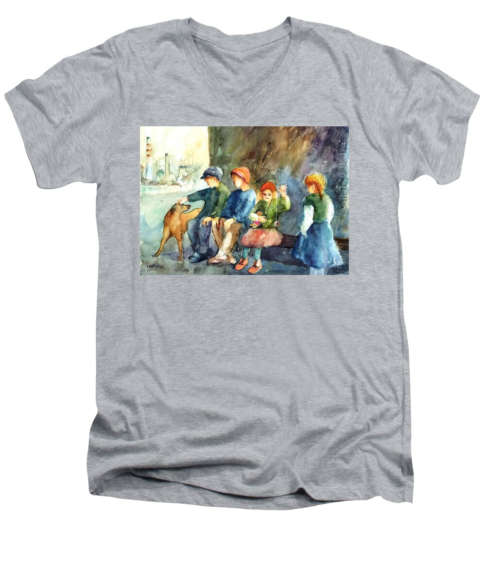 Children Men's V-Neck T-Shirt featuring the painting Working Class Children by Faruk Koksal