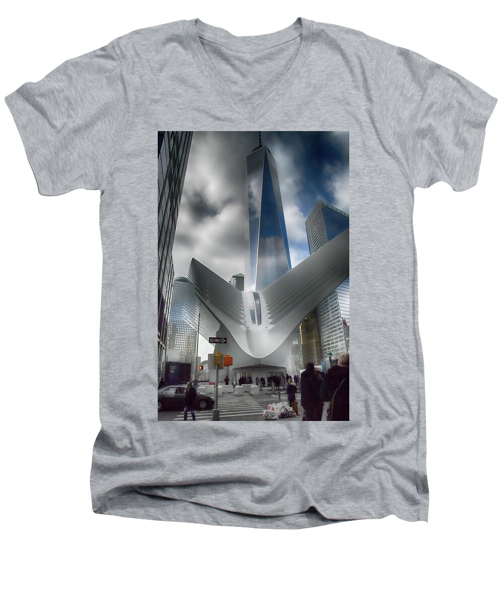 Freedom Tower Men's V-Neck T-Shirt featuring the photograph WTC Oculus - Freedom Tower by Dyle Warren