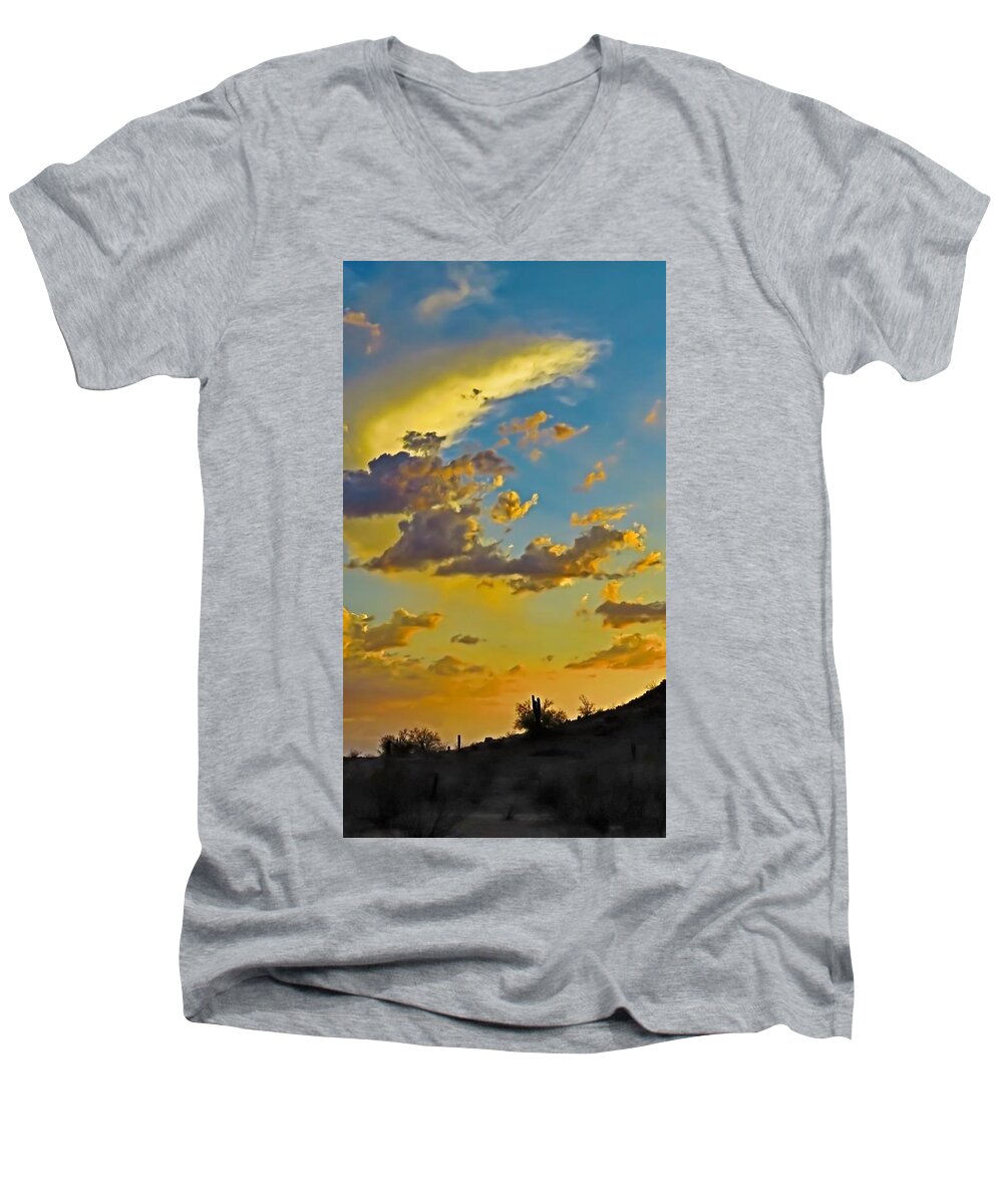 Arizona Men's V-Neck T-Shirt featuring the photograph Y Cactus Sunset 10 by Judy Kennedy