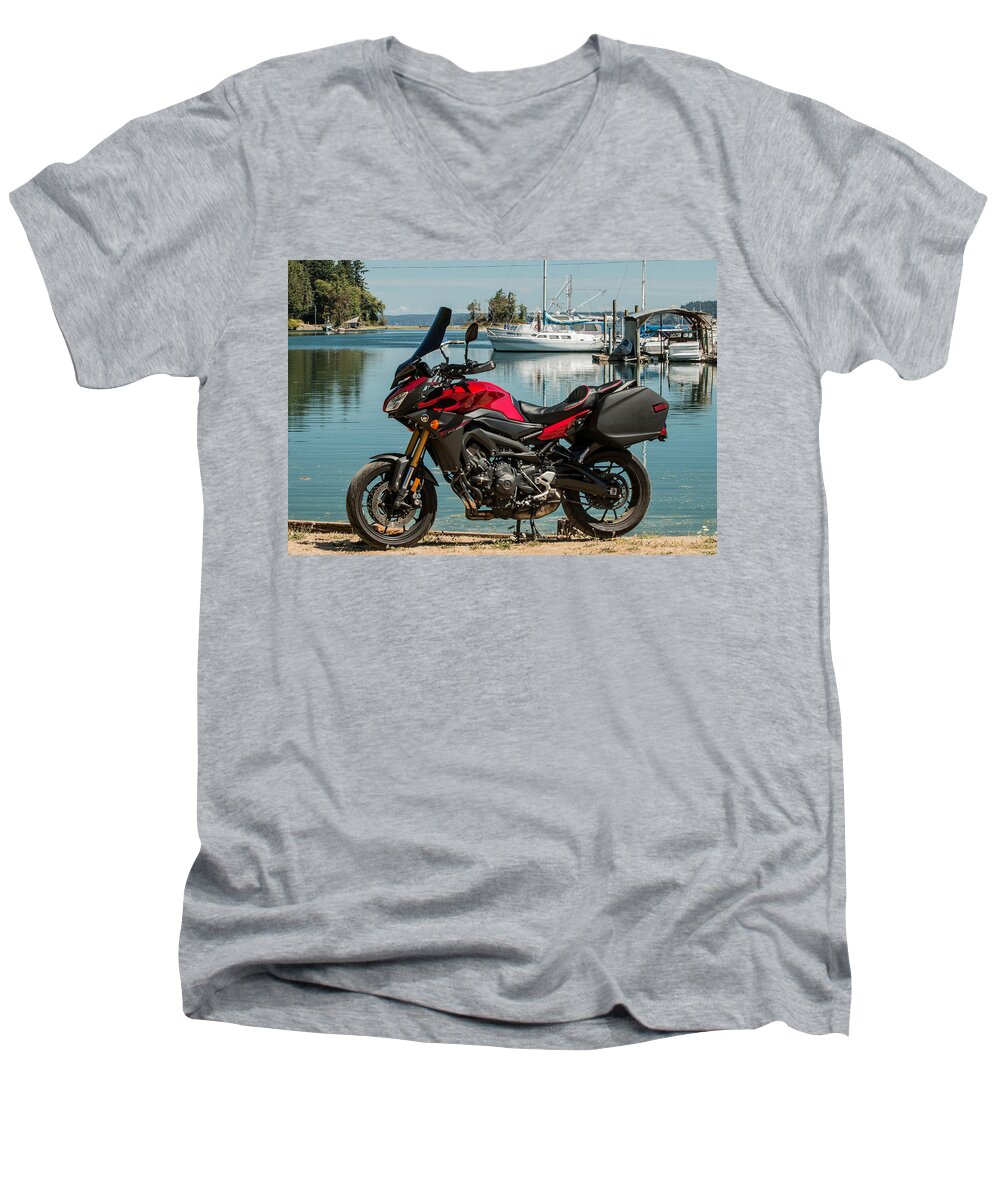 Motorcycle Men's V-Neck T-Shirt featuring the photograph Yamaha fj-09 .3 by E Faithe Lester