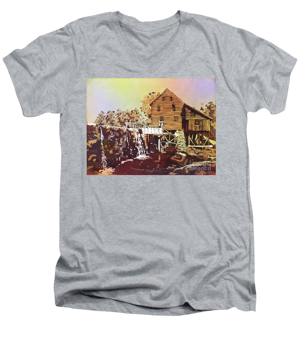 Clouds Men's V-Neck T-Shirt featuring the painting Yates Mill Park by Ryan Fox