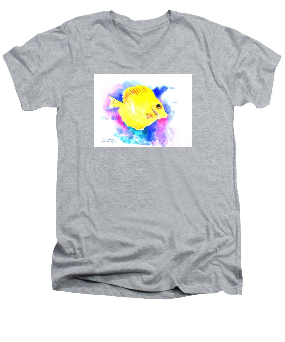 Angelfish Men's V-Neck T-Shirt featuring the painting Yellow Angelfish by Suren Nersisyan